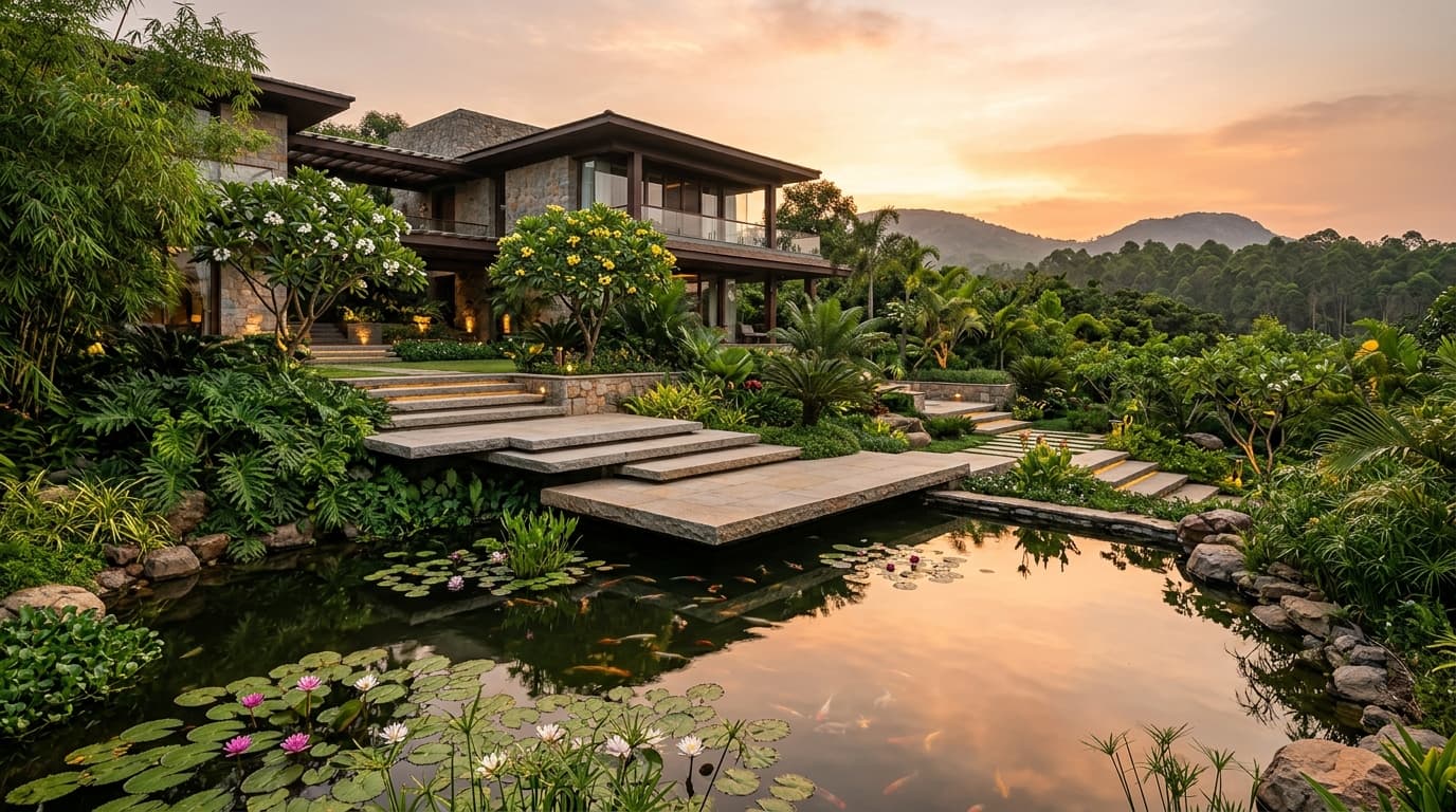 Star Gardens realized luxury landscape architecture case study with cantilevered bridge and reflection koi pond